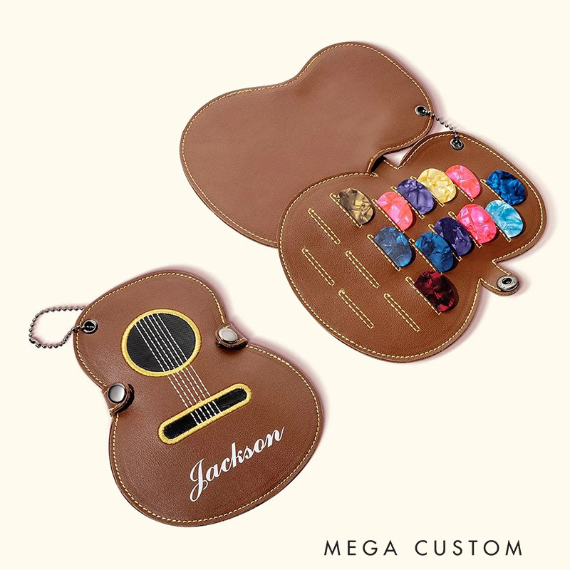 Personalized Guitar Shaped Portable PU Leather Guitar Picks Storage Case with Name and Key Ring Birthday Music Festival Gift for Guitar Player
