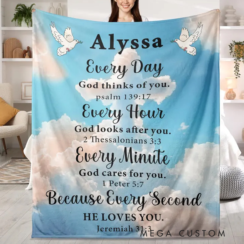 Personalized Bible Verse Blue Soft Throw Blanket with Name Religious Day Birthday Holiday Gift for Christians