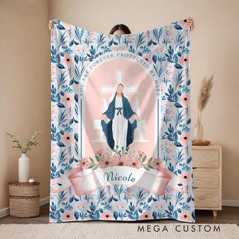 Personalized You are Forever Protected by Mary Soft Throw Blanket with Name Religious Day Birthday Christmas Gift for Christians