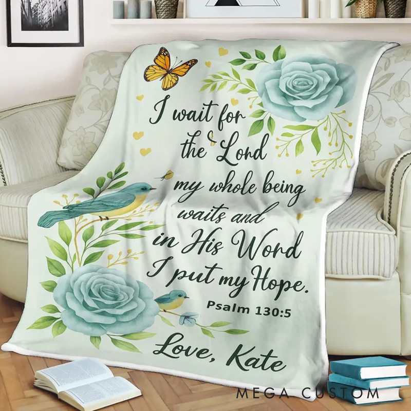 Personalized Christian Bible Verse Blanket Psalm 130:5 Soft Throw Blanket with Name Religious Day Birthday Christmas Gift for Christians