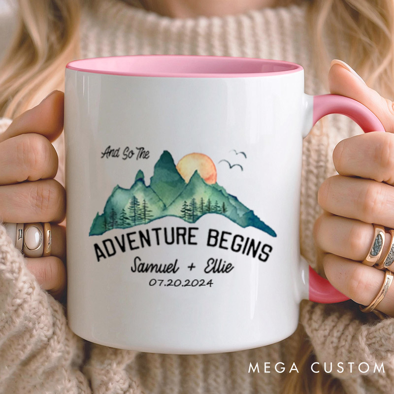 Personalized Scenic And So The Adventure Begins Newlyweds Wedding Couple Mugs