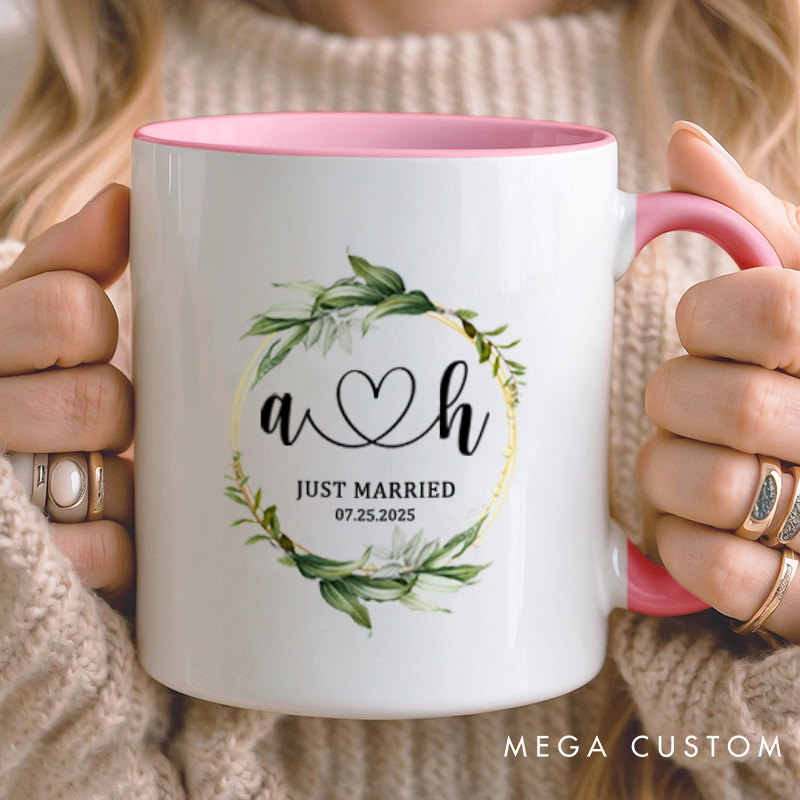 Personalized Romantic Botanical Just Married with Initials Wedding Couple Mugs