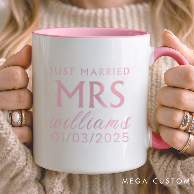 Personalized Minimalist Just Married Mr and Mrs Wedding Couple Mugs