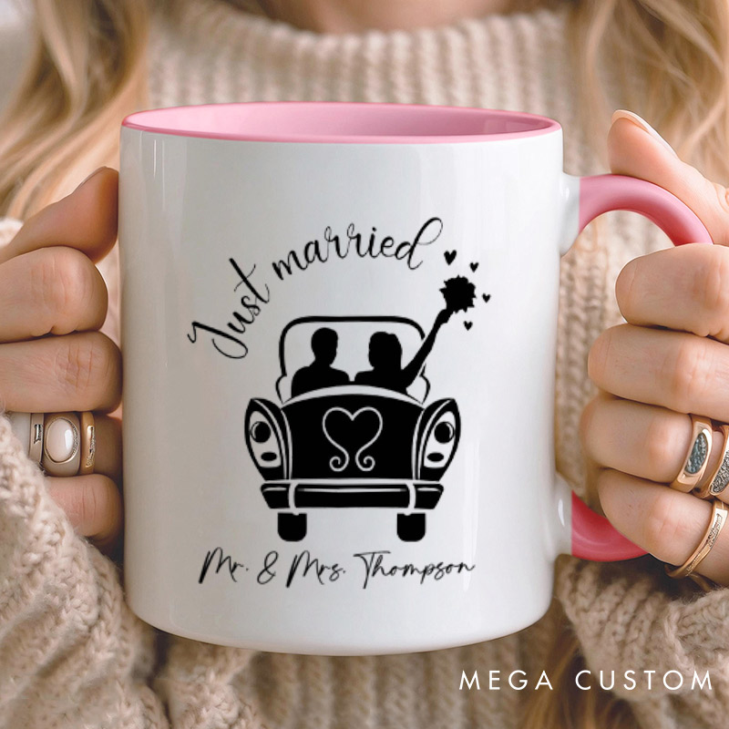 Personalized Romantic Just Married with Wedding Car Wedding Couple Mugs