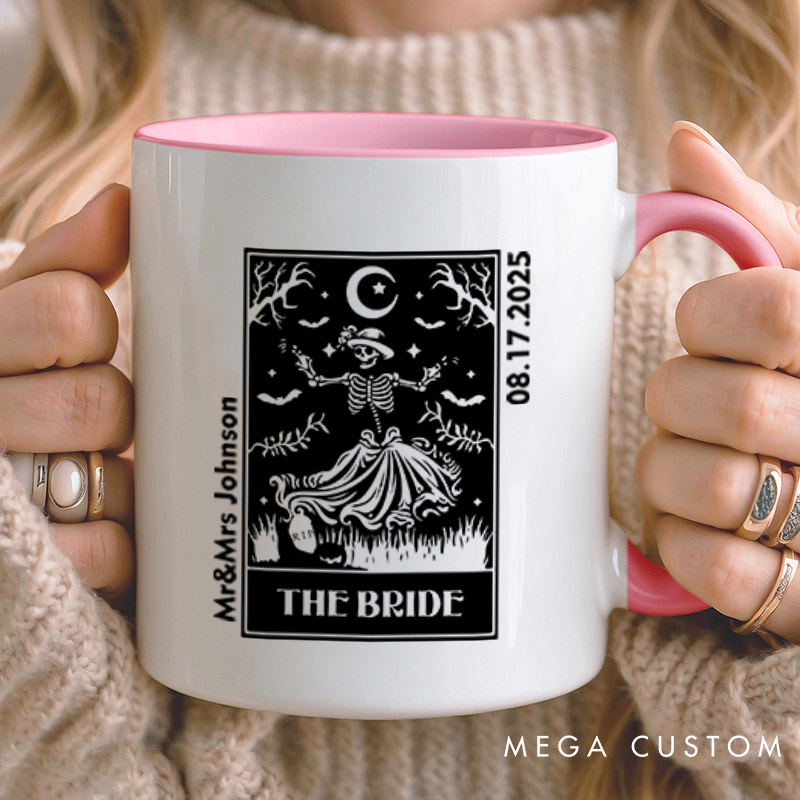 Personalized Whimsical Tarot Card Skeleton Bride and Groom Wedding Couple Mugs