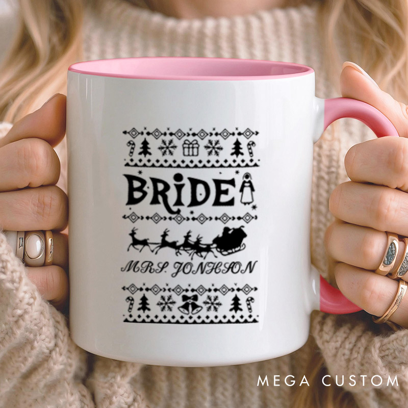 Personalized Christmas Bride and Groom with Reindeer and Sleighs Matching Wedding Couple Mugs
