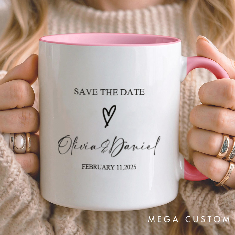 Personalized Save The Date with Your Names and Heart Wedding Couple Mugs