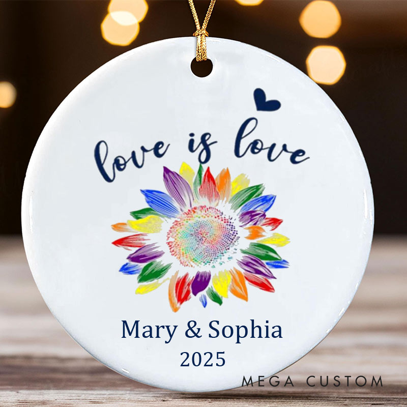 Personalized Love is Love Rainbow Sunflower Ornament LGBTQ Pride Ornament for Lesbian Gay LGBTQA+ Christmas Ornament
