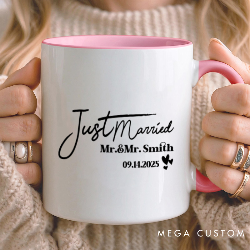 Personalized Elegant Just Married Mr and Mrs with Hearts Wedding Couple Mugs