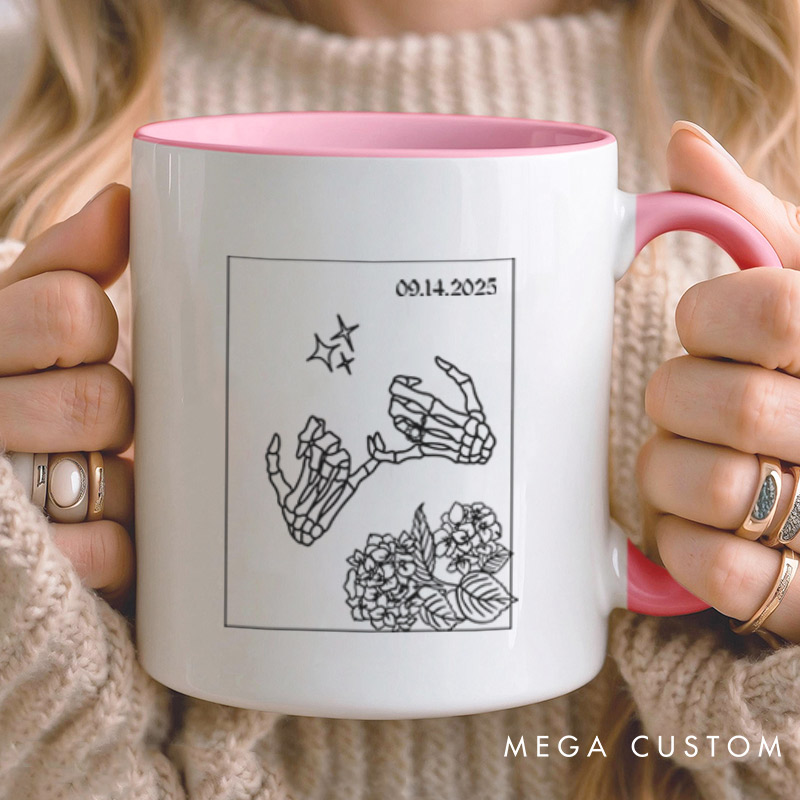 Personalized Unique Skeleton Finger Hooks and Floral Wedding Couple Mugs