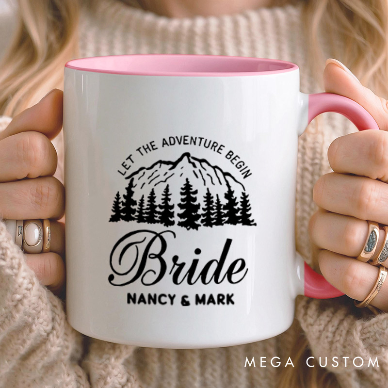 Personalized Mountain Serene Let The Adventure Begin Bride and Groom Wedding Couple Mugs