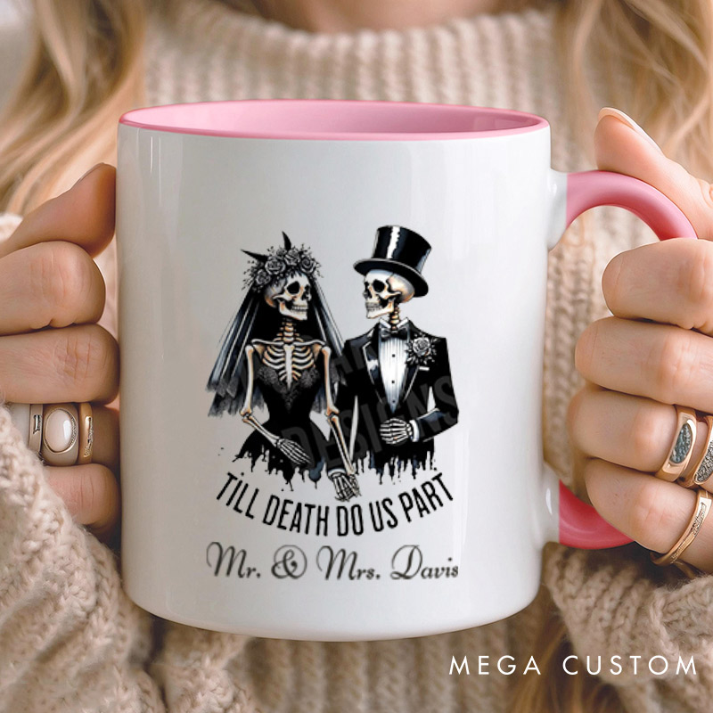 Personalized Til Death Do Us Part Skeleton Bride and Groom Matching Wedding Couple Mugs