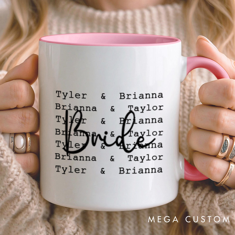 Personalized Modern Repetitive Text Bride and Groom Wedding Couple Mugs