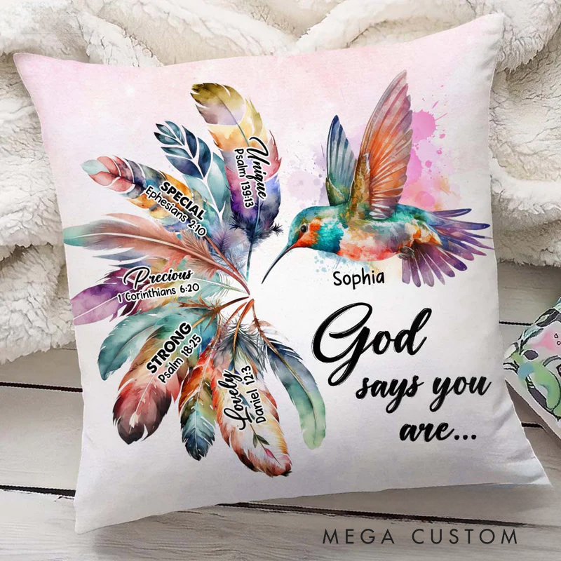 Personalized Hummingbird God Says You are Throw Pillow with Name Christian Birthday Gift for Family Religious Inspirational Gift for Christian