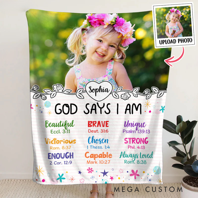 Personalized God Says I am Photo Blanket Soft Throw Blanket with Name Religious Birthday Christmas Gift for Christians