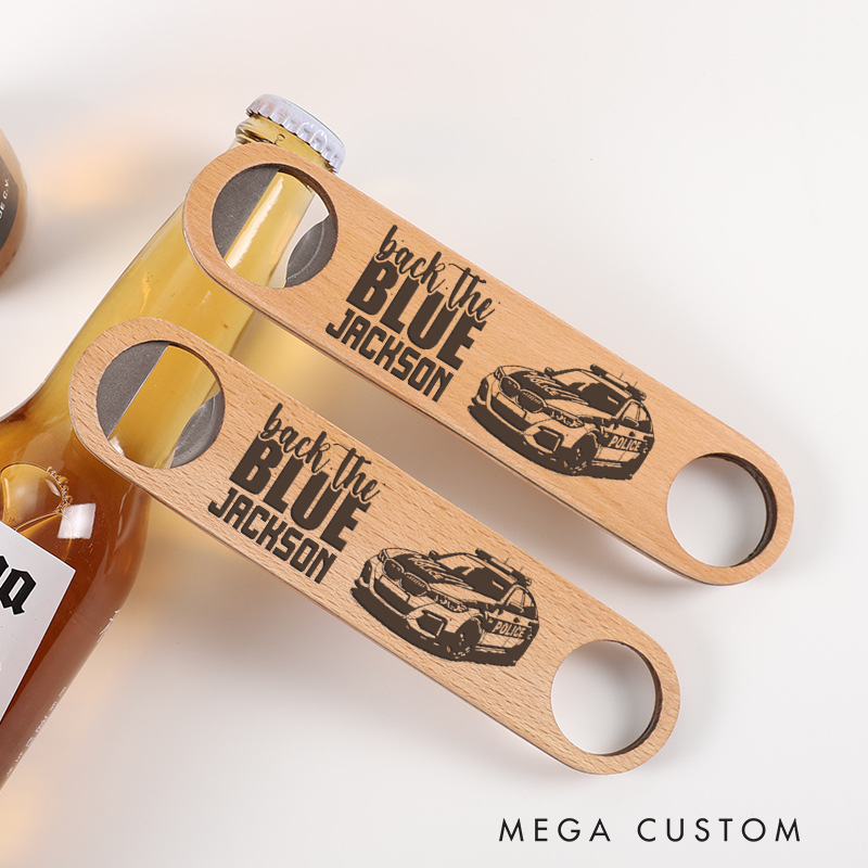 Personalized Back the Blue Wooden Handled Engraved Bottle Opener Gift for Police Officer Police Supporters
