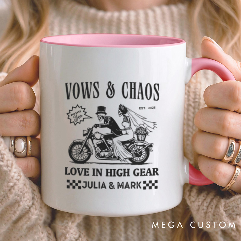 Personalized Vows & Chaos Motorcycle-Themed Love In High Gear Wedding Couple Mugs