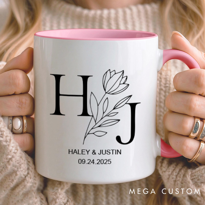 Personalized Elegant Floral with Initials Wedding Couple Mugs