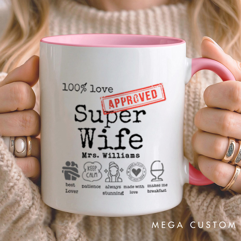 Personalized Fun Approved Super Wife and Super Husband Matching Wedding Couple Mugs