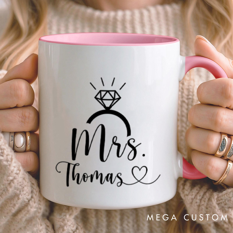 Personalized Elegant Mr and Mrs with Diamond Ring Wedding Couple Mugs