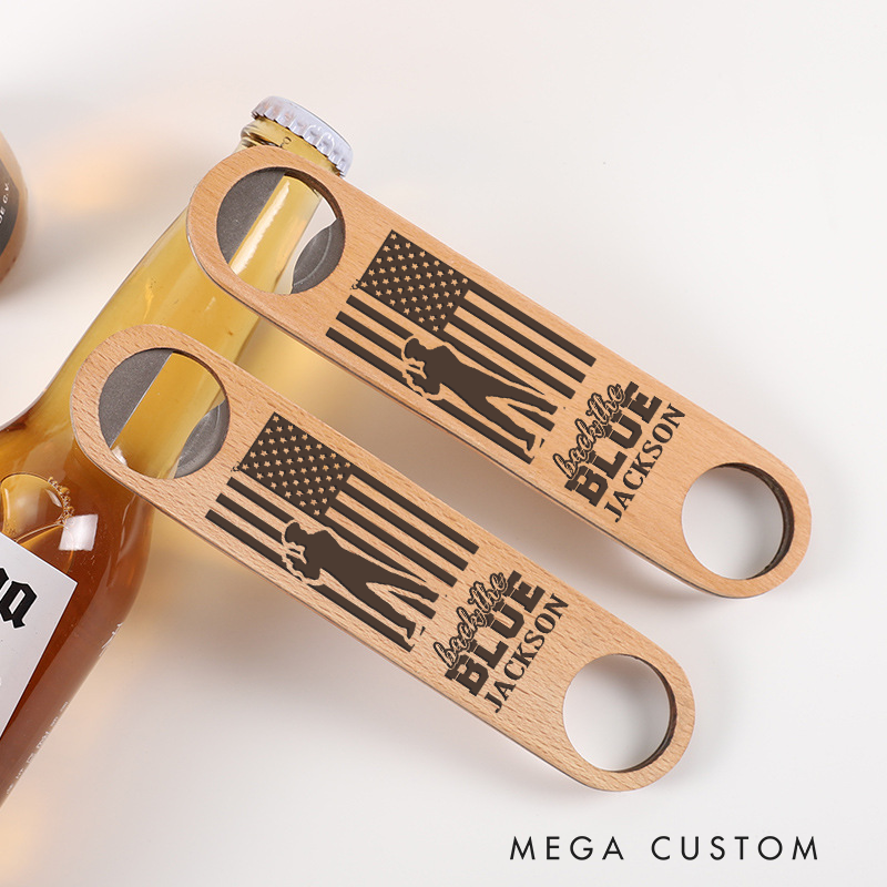 Personalized Wooden Handled Engraved Bottle Opener with Custom Back the Blue Design for Law Enforcement Supporters