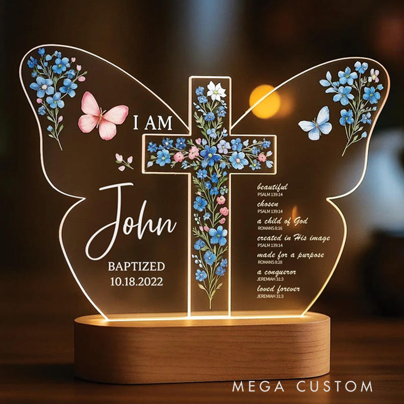 Personalized Butterfly Bible Verse Cross LED Night Light with Name and Date Baptism Gift Religious Gift for Girls