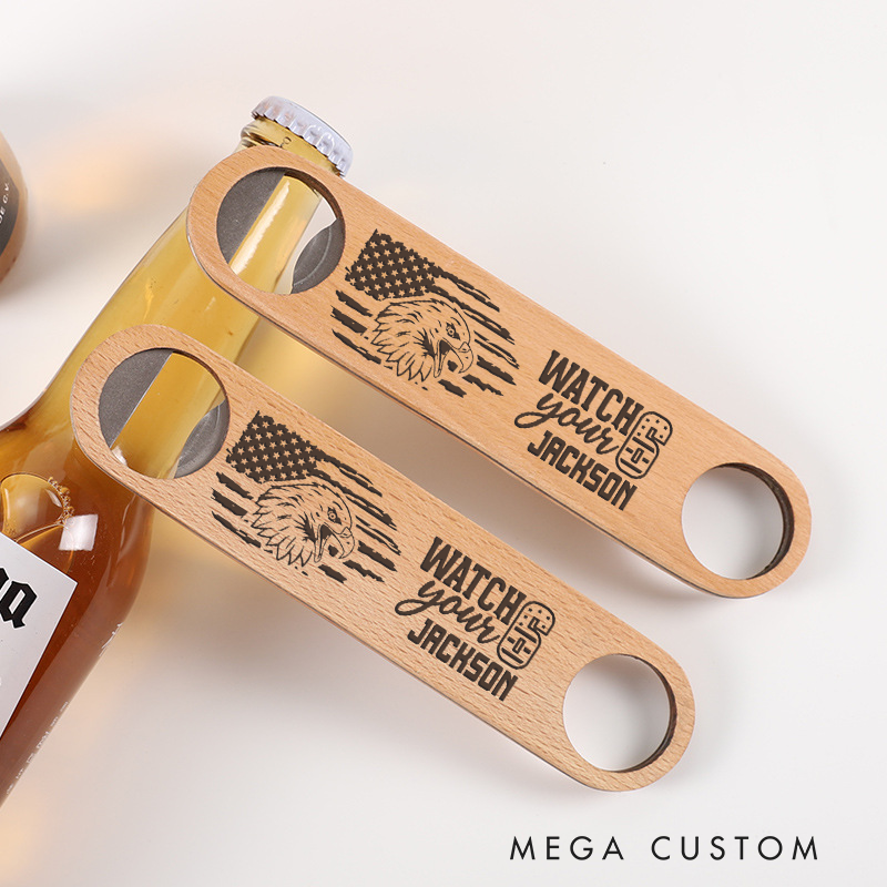 Personalized Wooden Handled Engraved Bottle Opener Watch Your Six Design for Police Officers Supporters