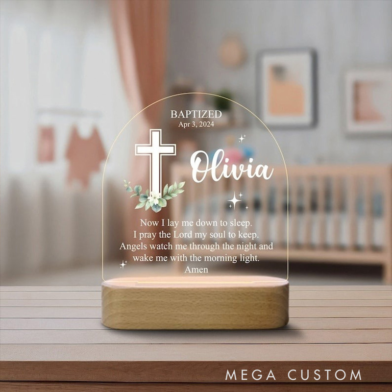 Personalized Prayer Cross Flower LED Night Light with Name and Date Baptism Gift Religious Gift for Girls