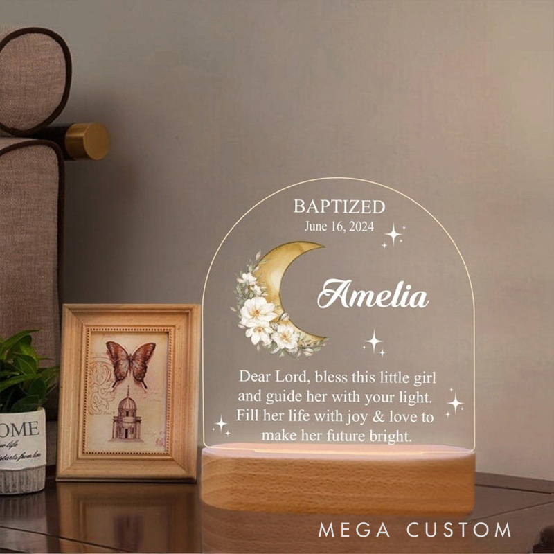 Personalized Moon Flower LED Night Light with Name and Date Religious Gift Christening Baptism Gift for Girls