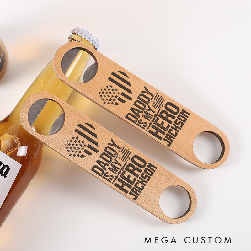 Personalized Wooden Handled Engraved Bottle Opener Gift for Police Officers with Daddy Is My Hero Design