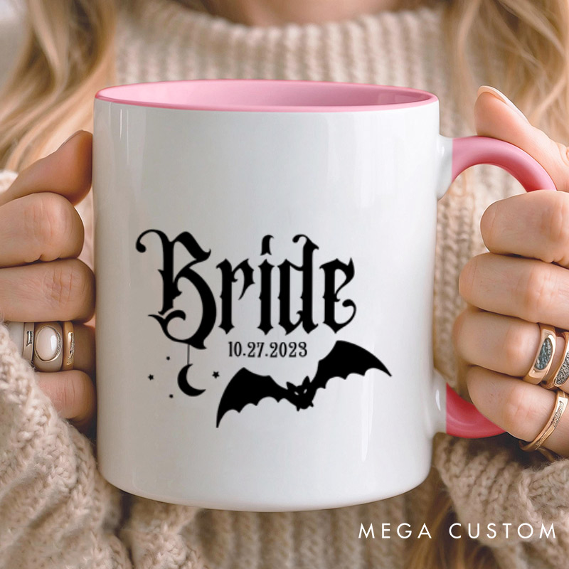 Personalized Halloween Gothic Bride and Groom with Bat and Moon Matching Wedding Couple Mugs