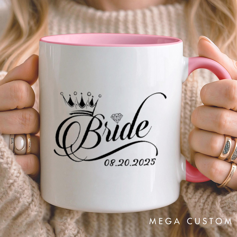 Personalized Regal Bride and Groom with Crowns and Date Matching Wedding Couple Mugs