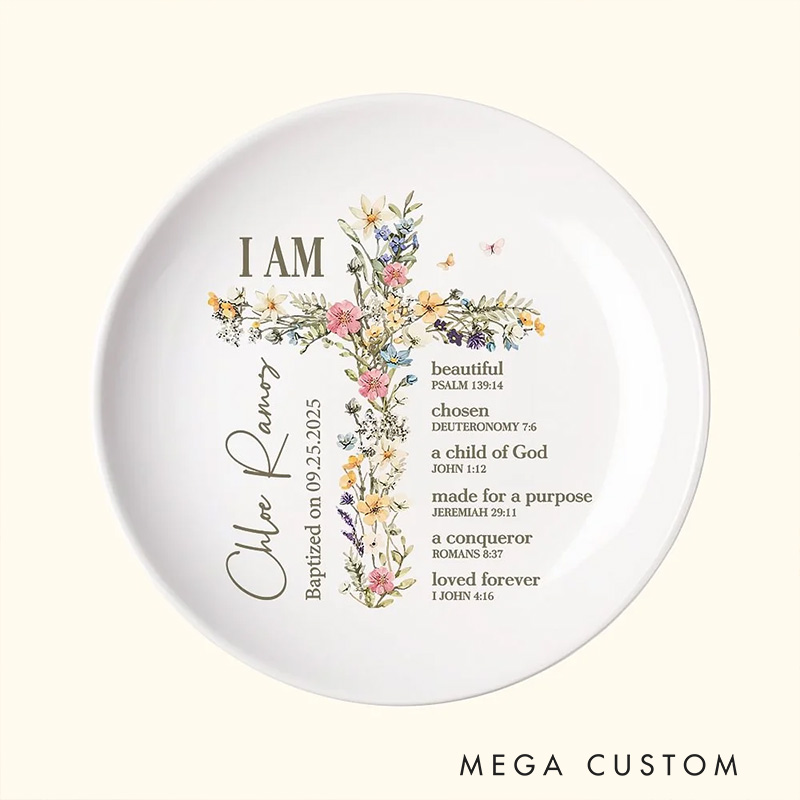 Personalized Floral Cross Bible Verse Ring Dish Jewelry Tray with Name and Text Christening Baptism Gift for Girls