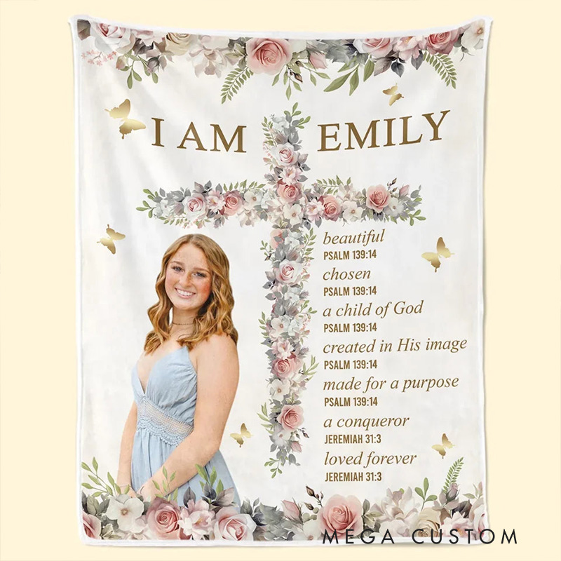 Personalized i am Bible Verse Floral Cross Throw Blanket with Name and Photo Religious Gift Birthday Gift for Women