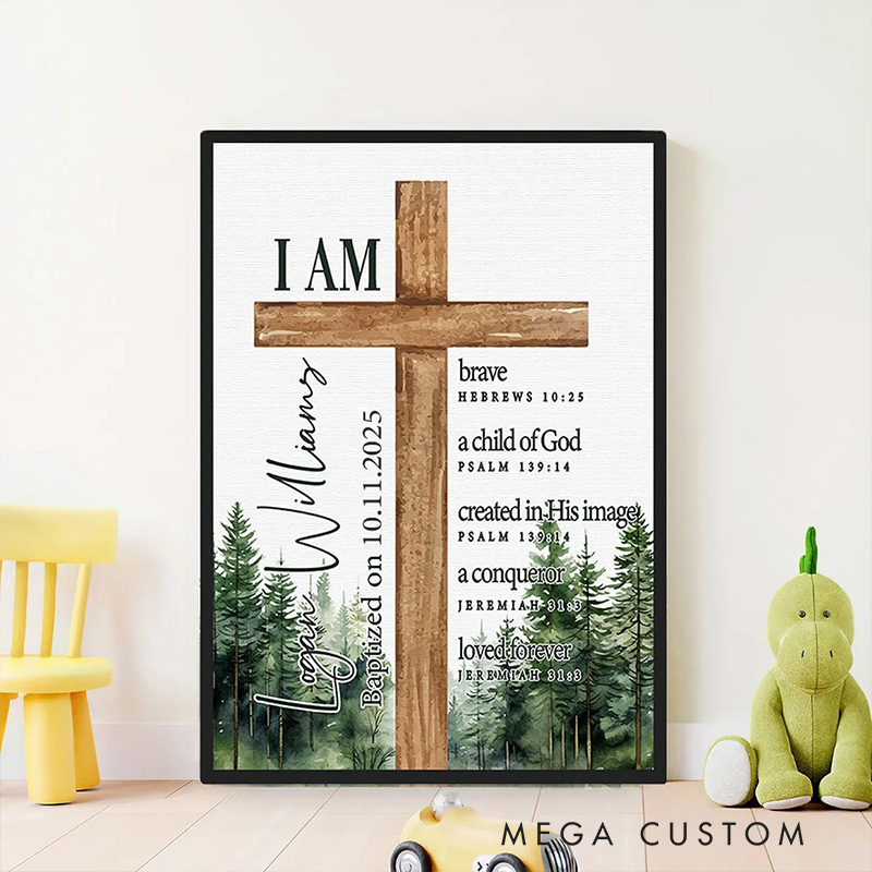 Personalized Forest Cross Bible Verse Framed Canvas Painting with Text Wall Decor Christening Baptism Gift for Boys