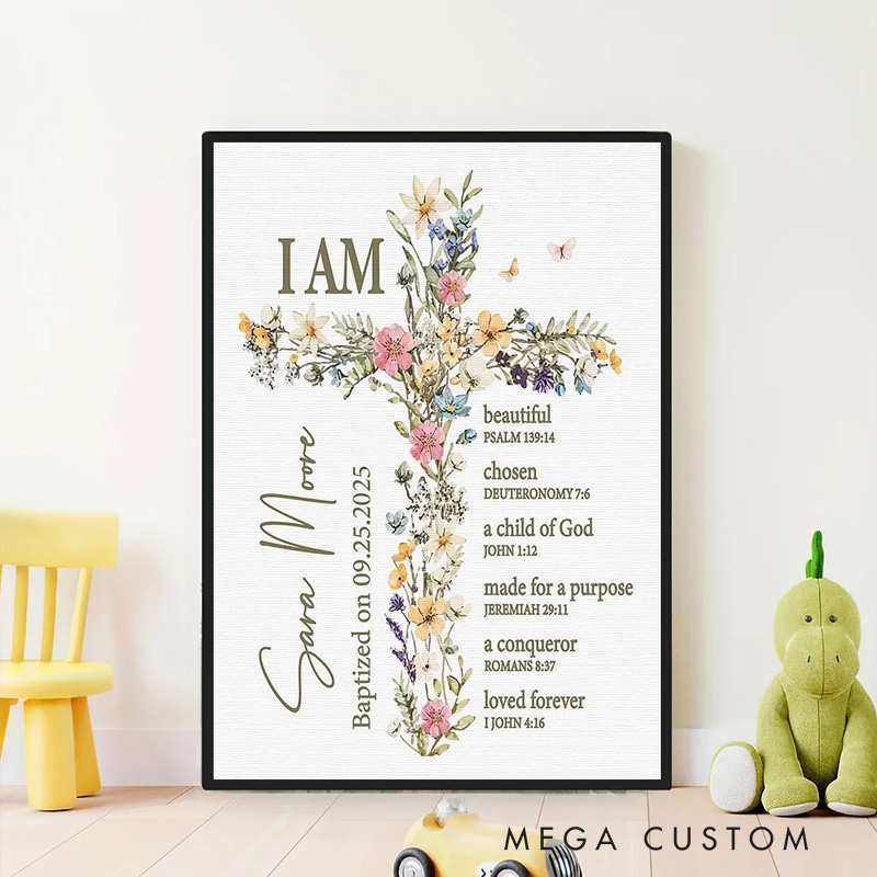 Personalized Floral Cross Bible Verse Framed Canvas Painting with Name and Text Wall Decor Christening Baptism Gift for Girls