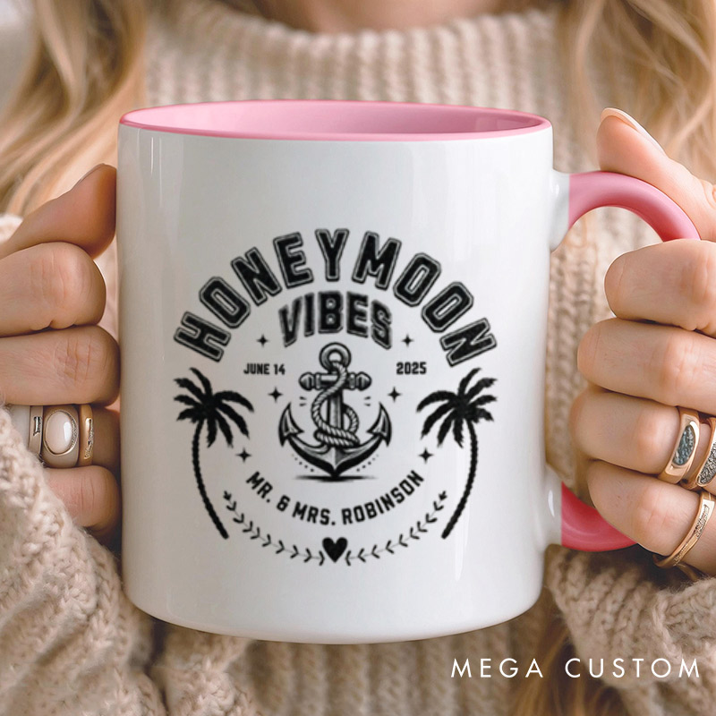 Personalized Nautical Honeymoon Vibes with Anchor and Palm Trees Matching Honeymoon Couple Mugs