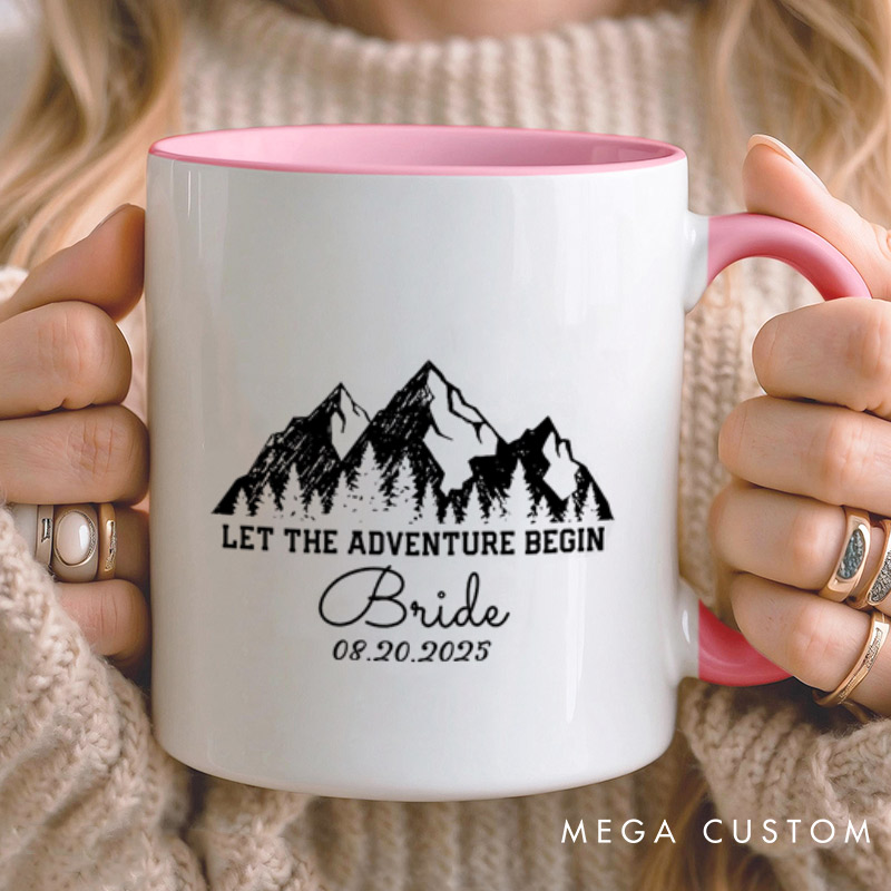 Personalized Rustic Line Mountains Let The Adventure Begin Bride and Groom Matching Wedding Couple Mugs