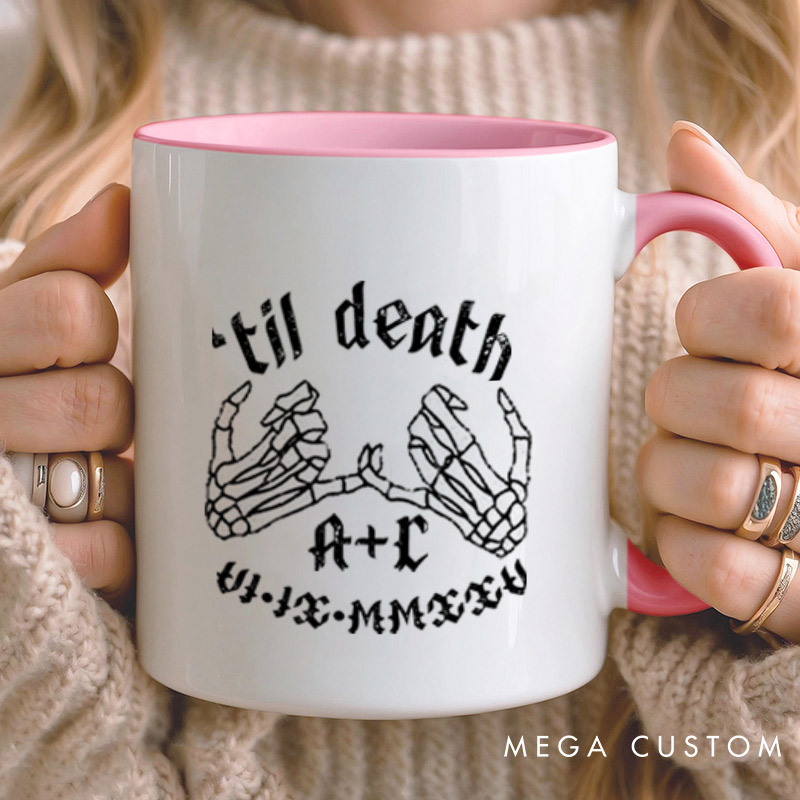 Personalized Til Death Skeleton Finger Hooks with Initials and Dates Matching Wedding Couple Mugs