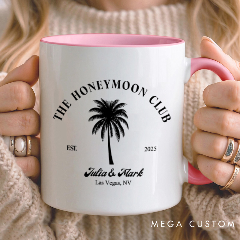 Personalized Tropical The Honeymoon Club with Palm Tree Matching Honeymoon Couple Mugs