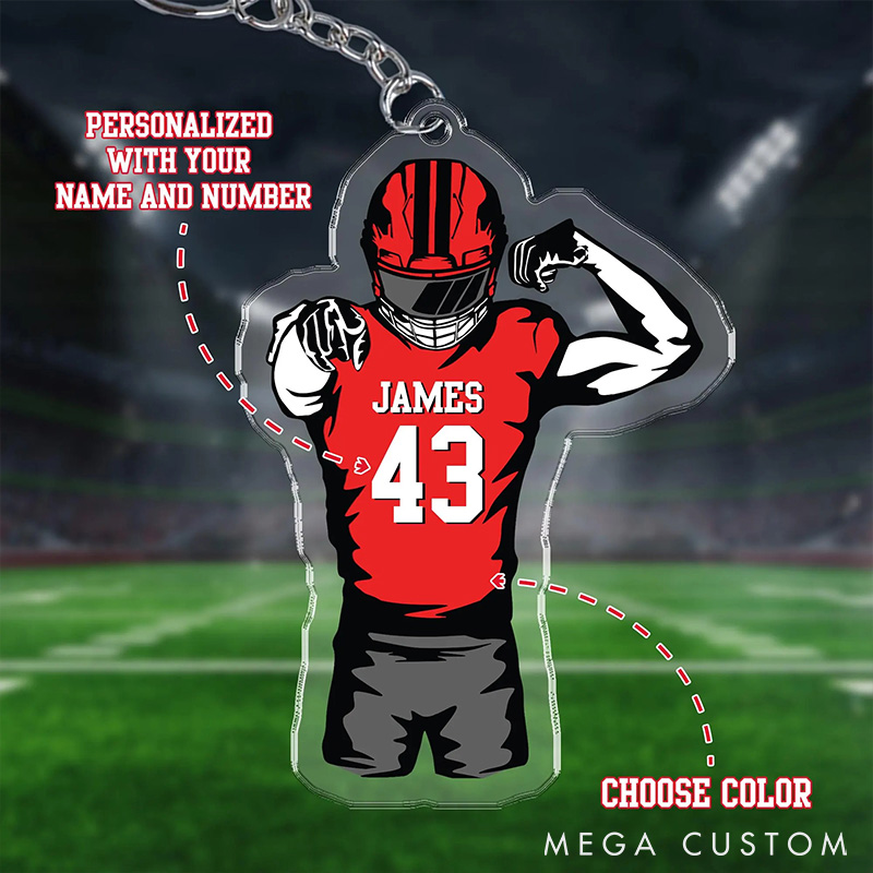Personalized American Football Player Acrylic Keychain with Custom Number and Name, Show Off Your Team Spirit
