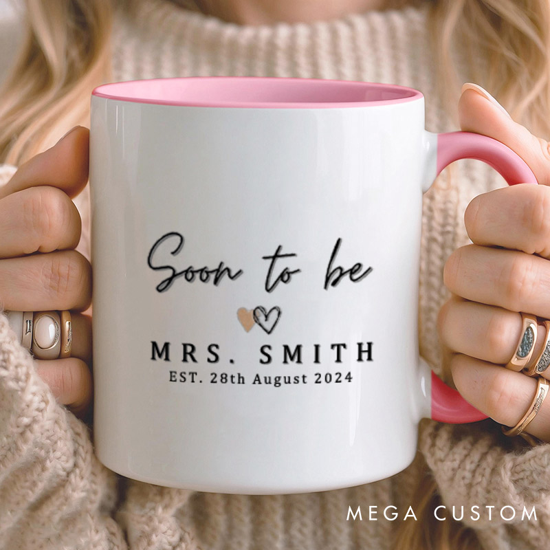 Personalized Romantic Soon To Be Mrs and One Lucky Mr with Hearts Matching Engagement Couple Mugs