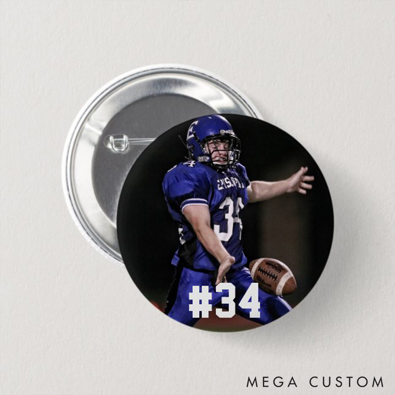 Personalized American Football Button Pin with Custom Photo and Number Design