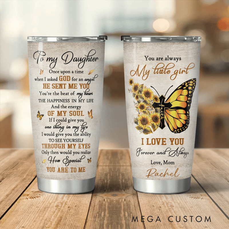 Personalized to My Daughter Butterfly Sunflower Cross Stainless Steel Tumbler with Name Religious Gift Birthday Gift for Daughter