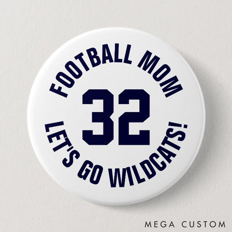 Personalized American Football Mom Button Pin with Custom Number and Text