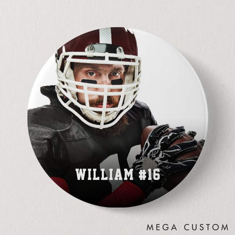 Personalized American Football Button Pin with Custom Name, Number and Photo