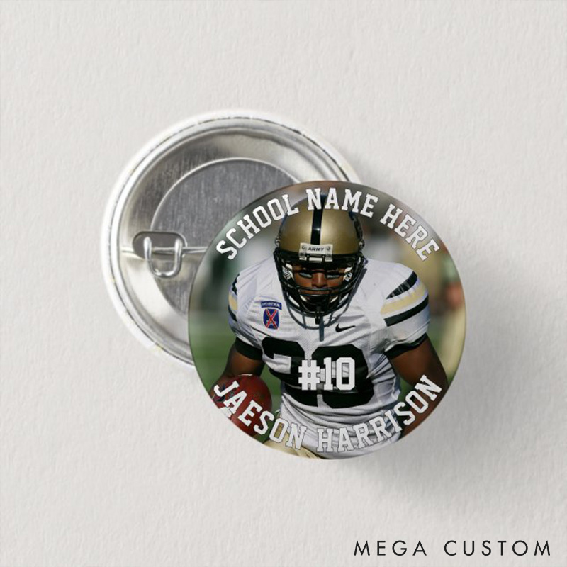 Personalized American Football Button Pin with Custom School Name, Name, Number and Photo