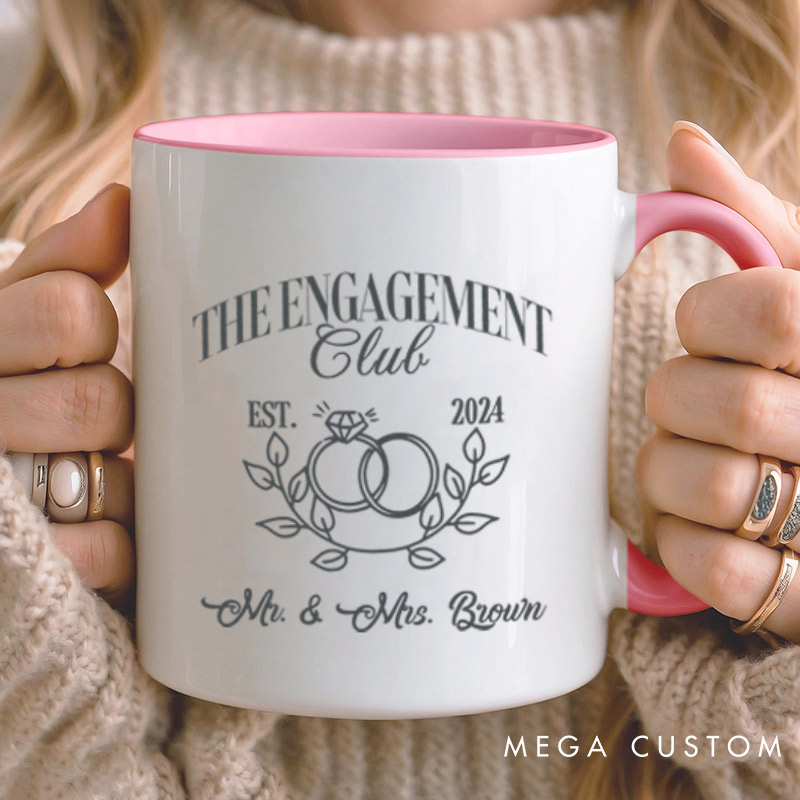 Personalized Fiancee Classic Engagement Club with Intertwined Rings and Leaves Mugs