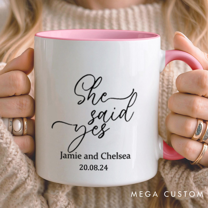 Personalized He Asked and She Said Yes Engagement Couple Mugs