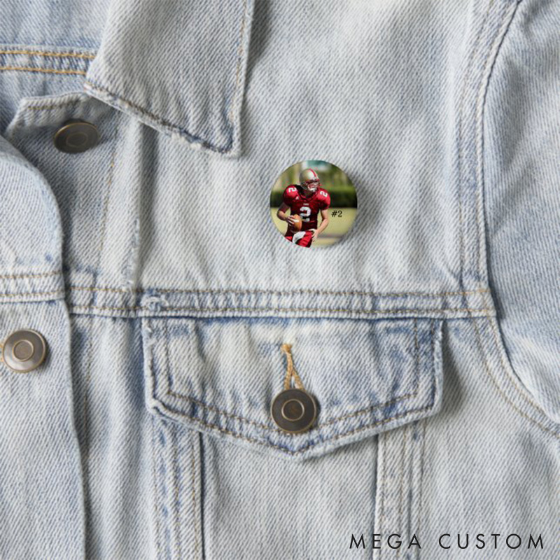 Personalized American Football Button Pin with Custom Your Photo and Number